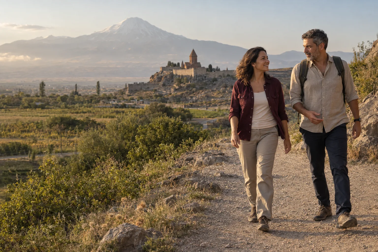 Cena conceitual: casal de viajantes caminhando próximo de Khor Virap, com o Ararat ao fundo