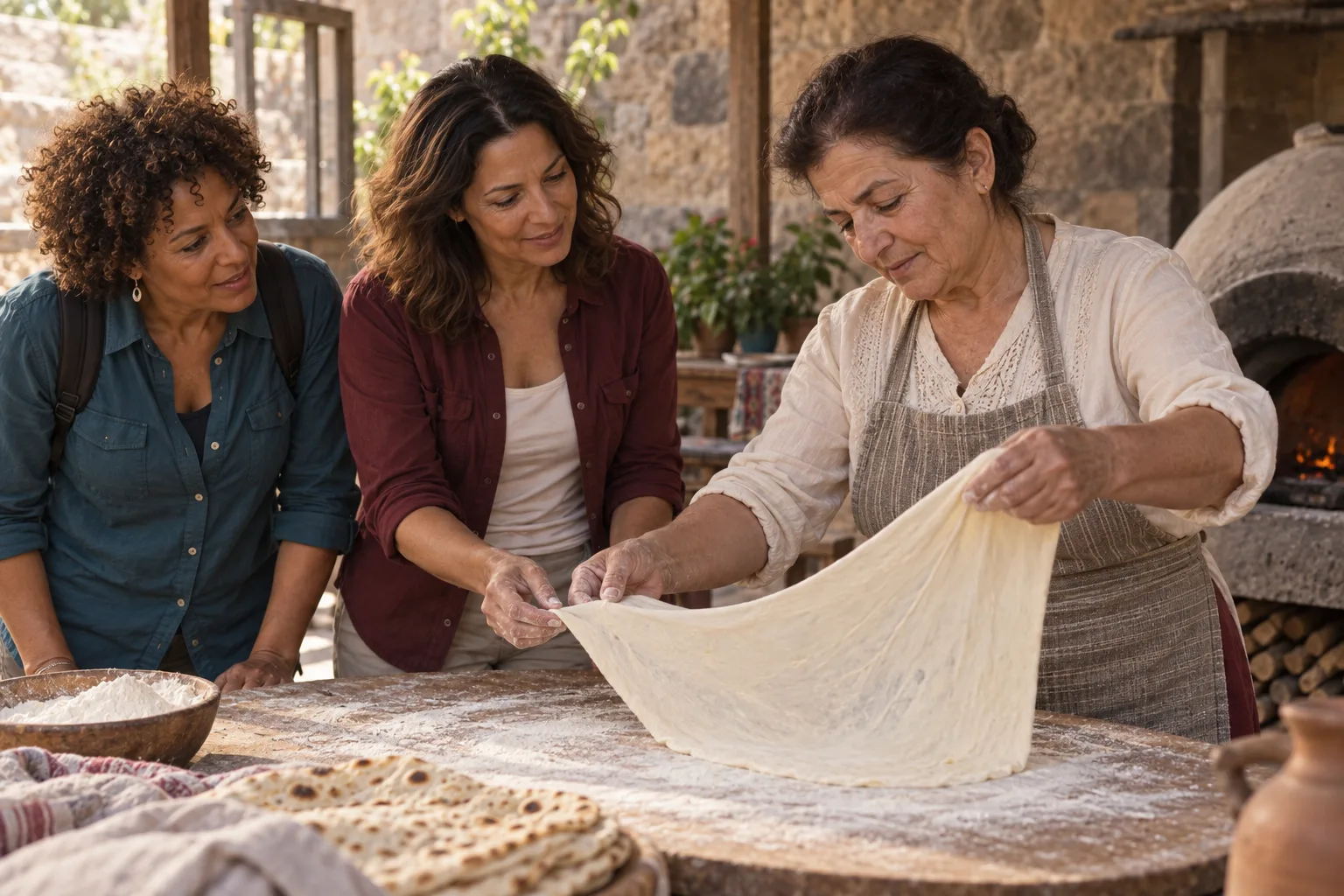 Cena conceitual: viajantes acompanham uma anfitriã preparando lavash