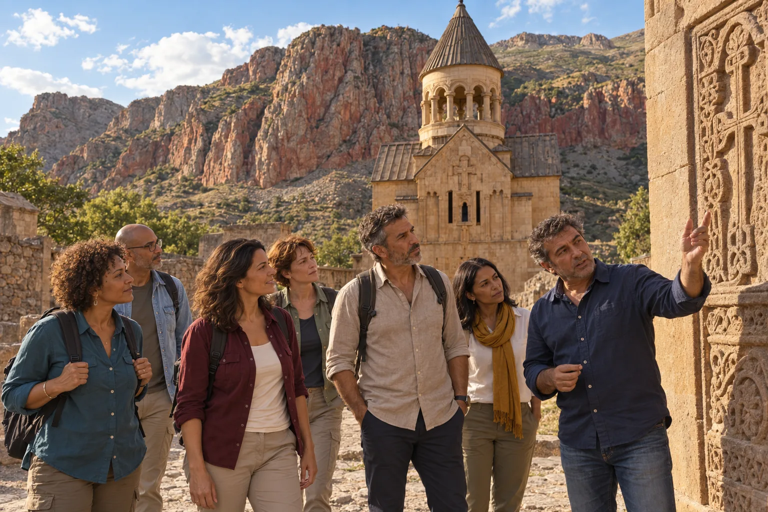 Cena conceitual: viajantes escutam um guia junto a um mosteiro arménio inspirado em Noravank