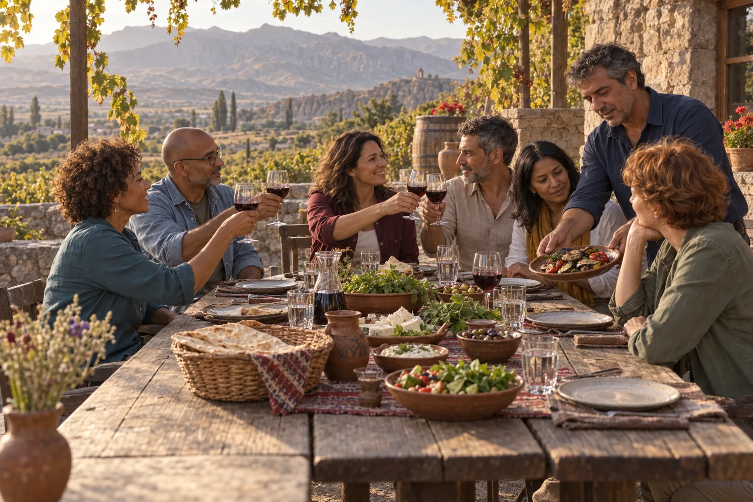 Cena conceitual de um encontro entre viajantes à mesa